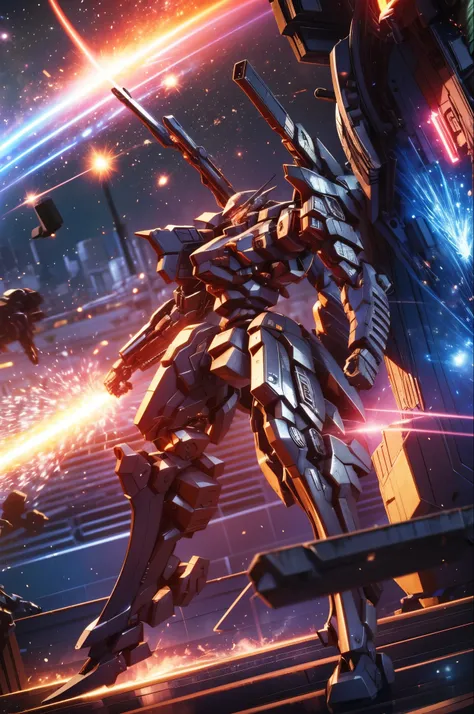 (Obra de arte, melhor qualidade:1.5).Mech branco e azul com detalhes dourados, médio, segurando uma sniper azul grande. Extremely detaild, 8K, HDR, naturallight, cinematic lighting, masterpiece-anatomy-perfect, Ultra HD, (Space Combat:1.5, Battlefield:1.5)...