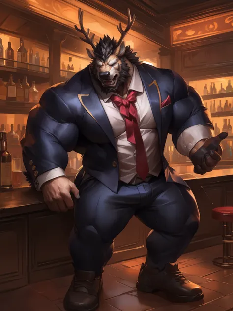 lindong, lucusold, lanxus, a man with a huge muscle, furry deer wearing ((tuxedo:1.2)), bar, ((muscular, sixpack)), angry, beard...