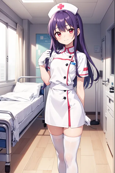1boy, solo, male focus, nurse, white nurse cap, white nurse uniform, ((white legwear, zettai ryouiki)), white gloves, long hair, purple hair, red eyes, smile, standing, ((hospital room)), sharp outline, short sleeves, shota, 12 years old, best quality, mas...