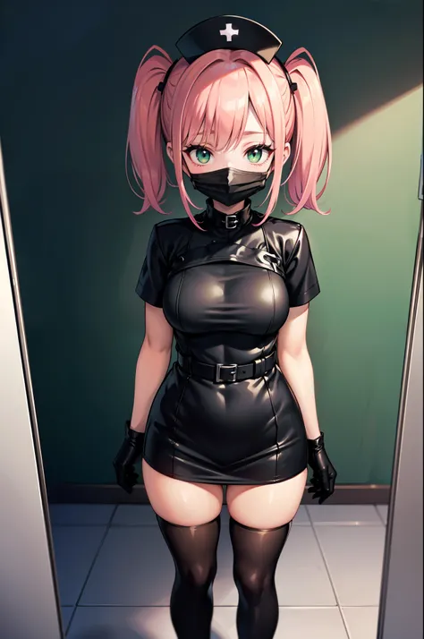 black nurse, 1girl, solo, black nurse cap, black nurse uniform, ((black legwear, zettai ryouiki)), black elbow gloves, pink hair, green eyes, drooping eyes, ((black surgical mask, covered nose)), standing, ((surgery room)), sharp outline, short sleeves, be...