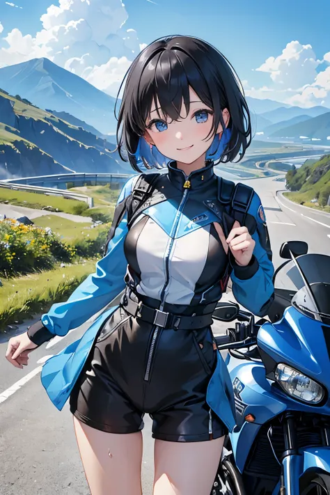 (highest quality、High resolution、8K、masterpiece:1.2、colorful)。Under a clear blue sky、A mountain road lined with beautiful mountains、Beautiful girl getting off her Harley and taking pictures of the mountain with her smartphone。Wearing a rider suit and looki...