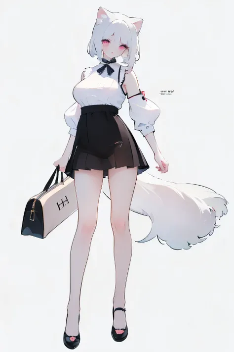 Tsundere 18 year old girl, beautiful and delicate eyes, beautiful lips, very detailed 눈과 얼굴, long eyelashes, 1girl, white cat ears, foot long bag, Front view, Red-eye, (top quality, 4K, 8K, high resolution, masterpiece:1.2), very detailed, (realistic인, rea...