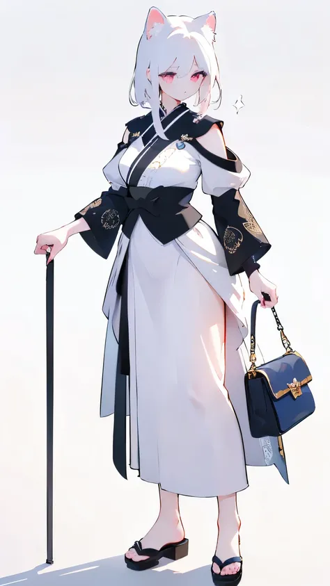 Tsundere 18 year old girl, beautiful and delicate eyes, beautiful lips, very detailed 눈과 얼굴, long eyelashes, 1girl, white cat ears, foot long bag, Front view, Red-eye, (top quality, 4K, 8K, high resolution, masterpiece:1.2), very detailed, (realistic인, rea...