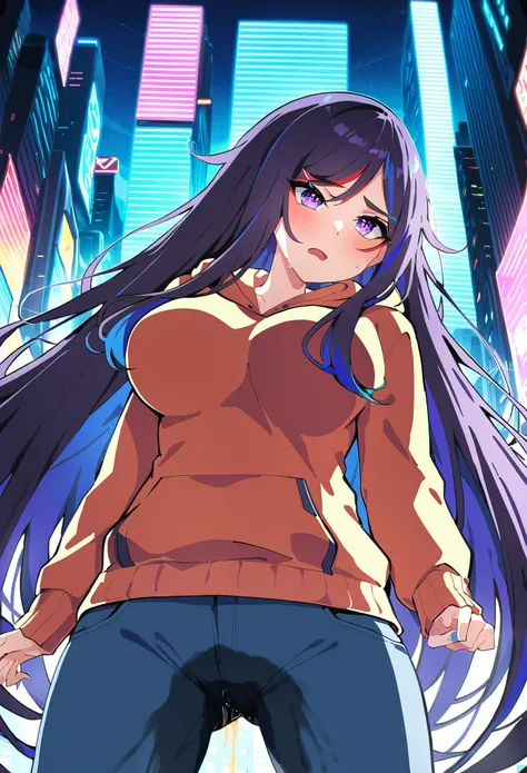 (masterpiece:1.37), best quality, (extremely detailed:1.37), woman, mature, adult, large breasts, (very long hair:1.5), dark purple hair, purple eyes, (extremely detailed eyes:1.37), hoodie, jeans, desperation, (wetting: self 3.0), standing, city, futurist...