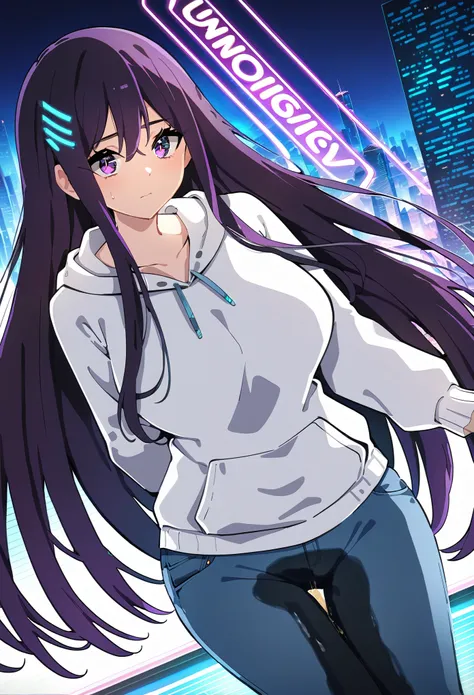 (masterpiece:1.37), best quality, (extremely detailed:1.37), woman, mature, adult, large breasts, (very long hair:1.5), dark purple hair, purple eyes, (extremely detailed eyes:1.37), hoodie, jeans, desperation, (wetting: self 3.0), standing, city, futurist...