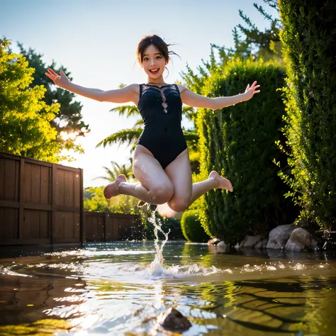 (8K TopQuality masterpiece: 1.2)(Realistic ProfessionalPhoto:1.37), VolumetricLighting. Tiny Girls, (((girl jumping into the water)))、Falling、splash water、shout、Luminous water surface、White and Bright colors, back lighting, Radiant PearlSkin with Transpare...