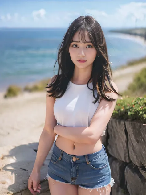 {there is a young girl standing by a cliff overlooking the ocean. she is beautiful, and attractive. she is wearing a white singlet, and denim shorts. the singlet is short, and you can see her stomach. the denim shorts are low on the waste, and short. she h...