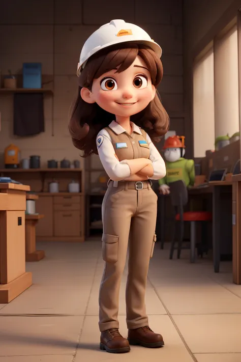 female doll, dark brown hair, brown-eyed, wearing the clothes of an occupational safety technician, white work safety helmet, with arms crossed, and happy smiling in work safety clothing
