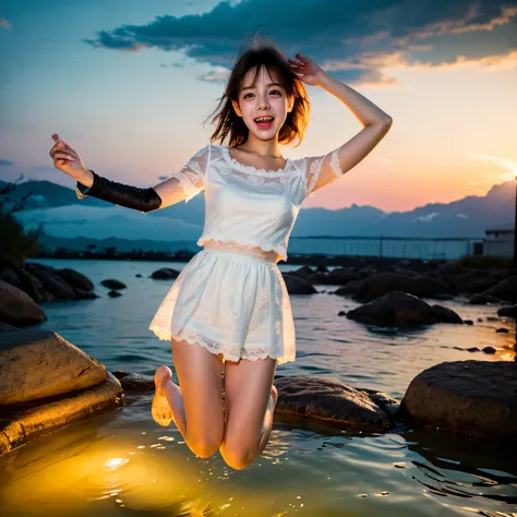 (8K TopQuality masterpiece: 1.2)(Realistic ProfessionalPhoto:1.37), VolumetricLighting. Tiny Girls, (((girl jumping into the water)))、Falling、splash water、shout、Luminous water surface、White and Bright colors, back lighting, Radiant PearlSkin with Transpare...