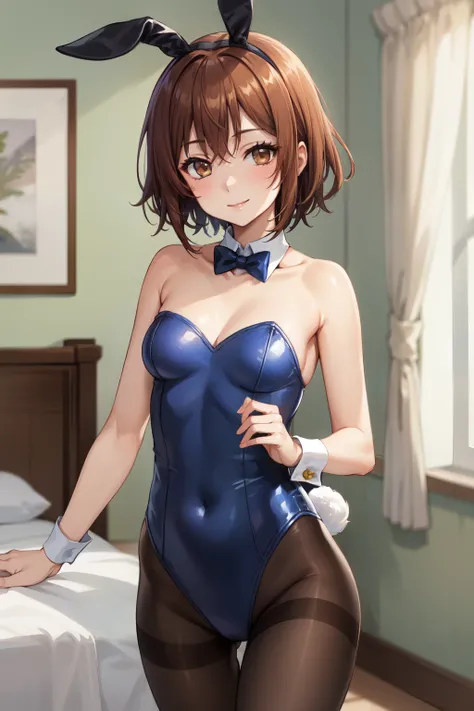 Highest quality, (masterpiece:1.2), Very detailed, 
One girl, alone,
View your viewers, smile, Medium chest, 
Brown eyes, Brown Hair, short hair, Bunny girl、leotard、pantyhose、Bedroom、Raise one leg