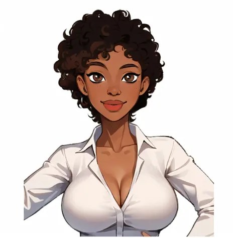 A stunning dark-skinned female sits solo against a crisp white background, her piercing brown eyes locking onto the viewers gaze. Her curly Afro hairstyle is neatly parted to reveal her radiant smile. A collared white shirt with a high neckline and long sl...