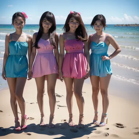 4 female, wearing pink blue aqua and red tight mini house dress, and wearing bikini g-string ,big breast,  standing at the beach...