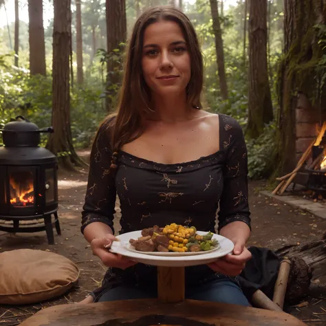 A young Native American woman sits by a campfire in the 1500s, her face illuminated by the warm glow of the flames. She is slightly smiling, content and happy as she tends to the food cooking over the fire. The scene is set in the lush temperate rainforest...