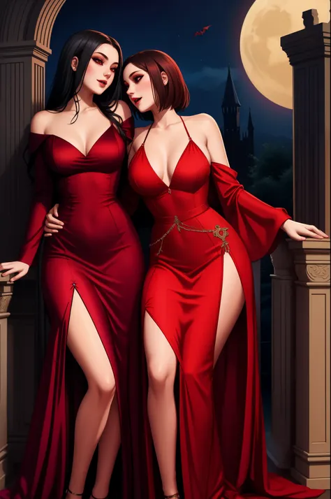 lesbian, seductive, long dress, leg slit, touching, fondling, vampire, 2girls