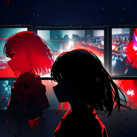 a woman with red eyes standing in front of a window, trending on pixiv, behind her is a scary atmosphere, panoramic centered view of girl, anime lighting, forced witness, glass cover, heavy makeup, (screens),A beautiful silhouette of girl with blood partic...