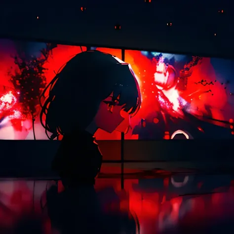 a woman with red eyes standing in front of a window, trending on pixiv, behind her is a scary atmosphere, panoramic centered view of girl, anime lighting, forced witness, glass cover, heavy makeup, (screens),A beautiful silhouette of girl with blood partic...