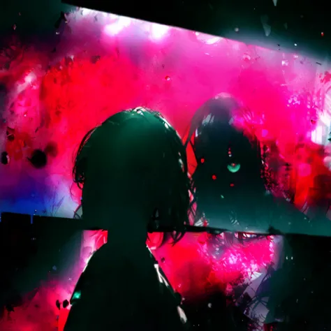 a woman with red eyes standing in front of a window, trending on pixiv, behind her is a scary atmosphere, panoramic centered view of girl, anime lighting, forced witness, glass cover, heavy makeup, (screens),A beautiful silhouette of girl with blood partic...