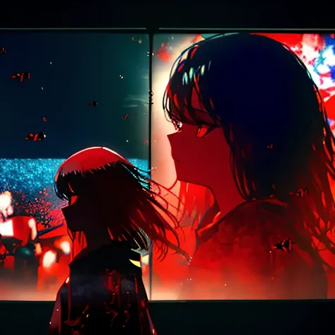 a woman with red eyes standing in front of a window, trending on pixiv, behind her is a scary atmosphere, panoramic centered view of girl, anime lighting, forced witness, glass cover, heavy makeup, (screens),A beautiful silhouette of girl with blood partic...