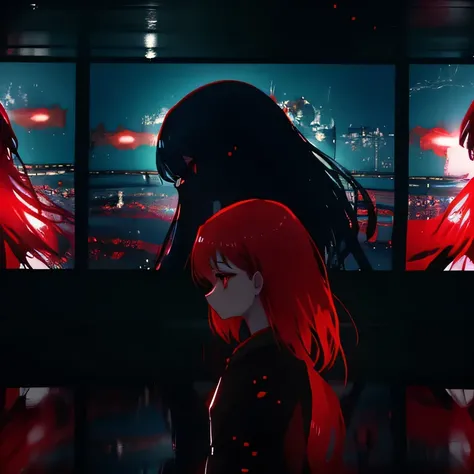 a woman with red eyes standing in front of a window, trending on pixiv, behind her is a scary atmosphere, panoramic centered view of girl, anime lighting, forced witness, glass cover, heavy makeup, (screens),A beautiful silhouette of girl with blood partic...