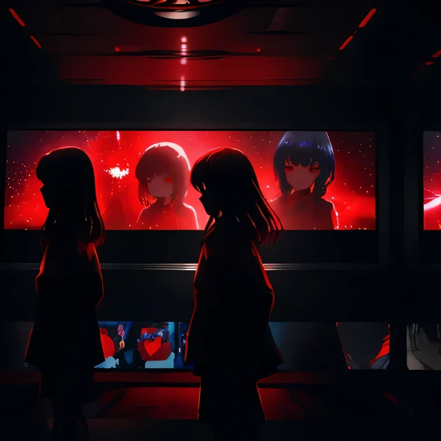 a woman with red eyes standing in front of a window, trending on pixiv, behind her is a scary atmosphere, panoramic centered view of girl, anime lighting, forced witness, glass cover, heavy makeup, (screens),A beautiful silhouette of girl with blood partic...