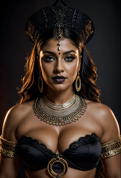 Looks like Nayanthara, milf, cougar lady witch, horny Gothic milf,  50 years old gorgeous mature lady, pervert demoness, demoness of lust, curvy, black lips, horny face, extremely gorgeous, thick figure, heavy physique, voluptuous, curvy, sexy figure, Fash...