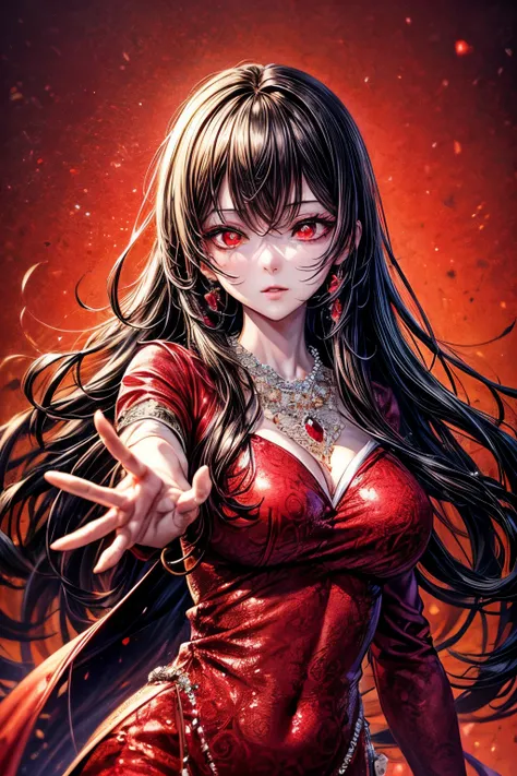 (32k), 1 girl, kawaii, ruby effect, Red theme, black long hair, ( beautiful Red eyes:1.4), wide open eyes, eyelash, tareme, (half closed eyes:0.7), dancing and martial poses on a red and black floral bed with a flamenco dress, flamenco, (giant ruby ​​neckl...