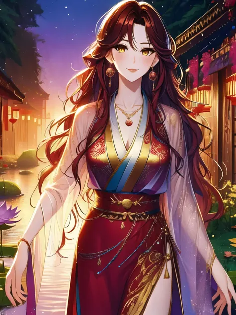 Best Quality, Ultra High Definition, (((1 Girl))), (Long Red Wavy Hair), (Golden Eyes), (Chinese Clothes), (((Purple Lotus Necklace Around Her Neck))), (Ultra Long Skirt ) , Hanfu, River, jewelry, (focus), (((Colorful))), particle fx , tmasterpiece, Best q...