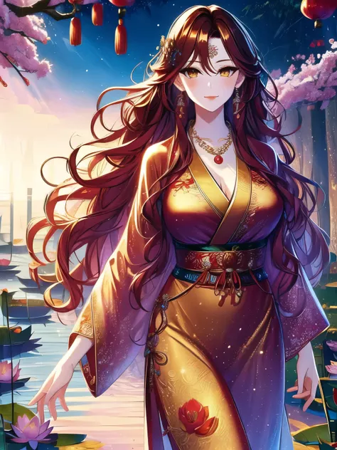 Best Quality, Ultra High Definition, (((1 Girl))), (Long Red Wavy Hair), (Golden Eyes), (Chinese Clothes), (((Purple Lotus Necklace Around Her Neck))), (Ultra Long Skirt ) , Hanfu, River, jewelry, (focus), (((Colorful))), particle fx , tmasterpiece, Best q...