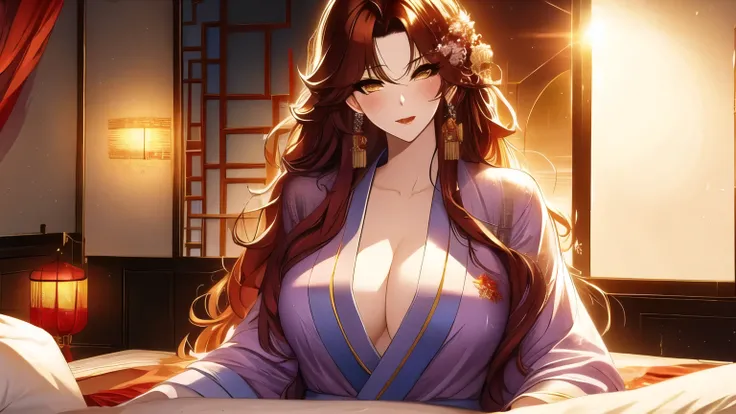 (masterpiece, best quality:1.2), 1women, xian mei, solo golden eyes, long red curly hair, jewellery, perfect anatomy, chinese traditional room, nudity, nude, sexy