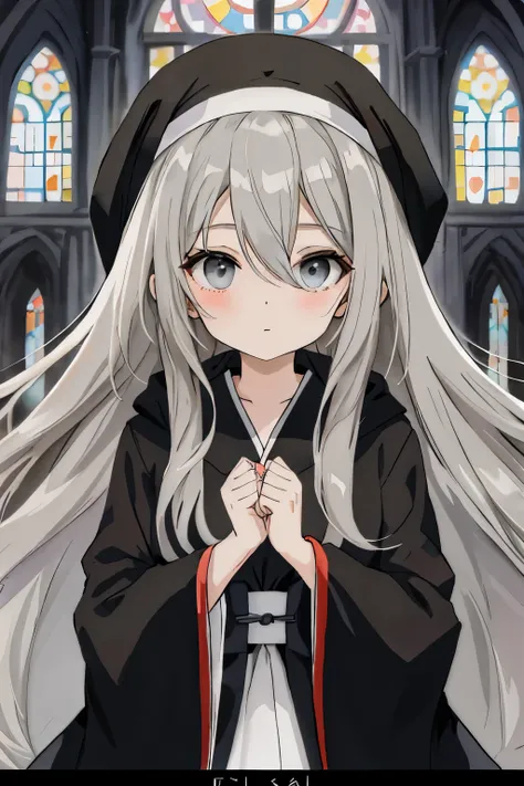 anime girl with long grey hair and grey eyes wearing black church robes