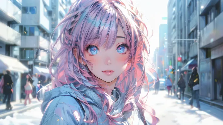 anime girl with pink hair and blue eyes in a city street, anime style 4 k, anime style. 8k, beautiful anime portrait, clean detailed anime style, detailed digital anime art, anime style portrait, detailed portrait of anime girl, realistic anime artstyle, r...