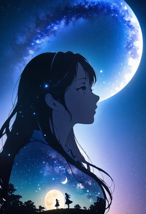 mate piece, silhouette, milky way, orihime's, close-up, profile, monotony, moon, double exposure, milky way, tanabata decoration...