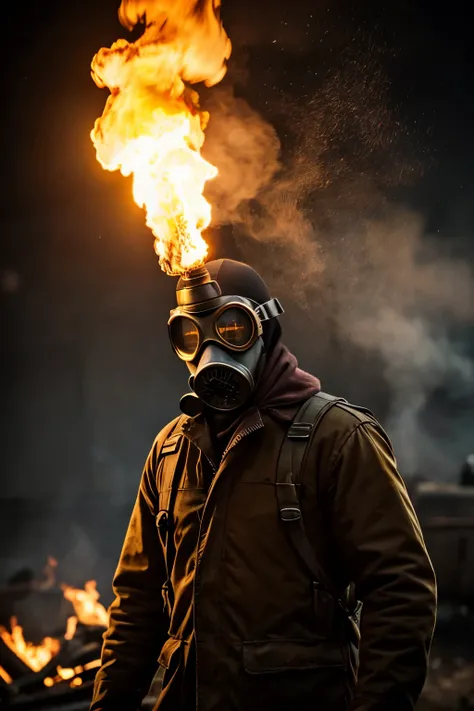 Bloody pyromaniac wearing a gas mask