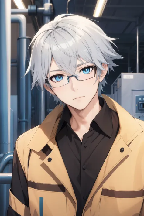 anime guy with silver hair and blue eyes, wearing a factory worker outfit and is also wearing glasses