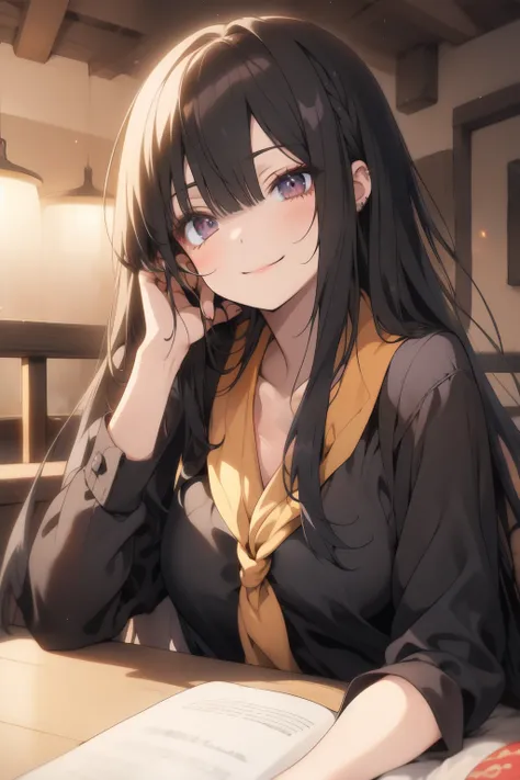 Anime mother with long hair and dark eyes, closed mouth smile