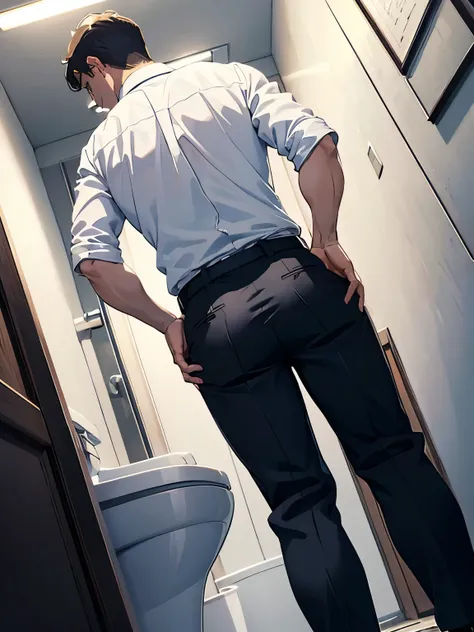 middle-aged man standing、slacks、Is peeing、White Y-shirt and tie、A dark and suspicious toilet at night、((Hands on crotch))、Back angle