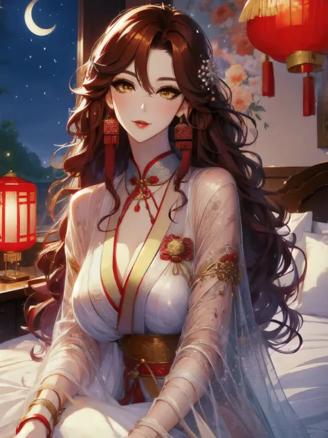 (masterpiece, best quality:1.2), 1women, xian mei, solo golden eyes, long red curly hair, jewellery, perfect anatomy, chinese tr...