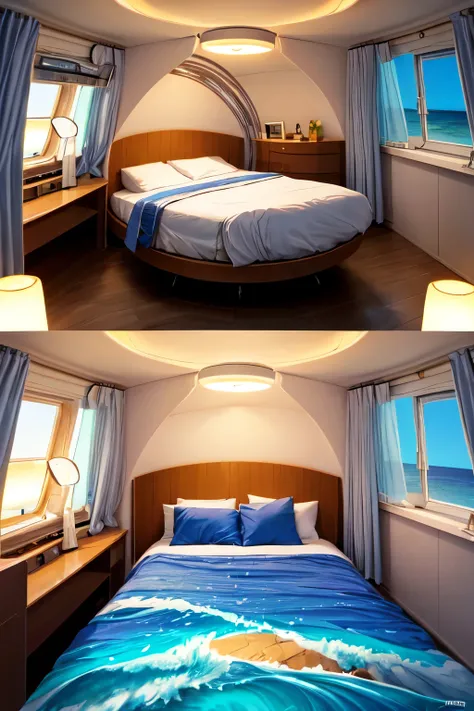 Inside the round capsule in the sea is a bed with neon lights. The bed is wrapped in comfortable pillows and soft blankets, providing a good nights sleep. Beautiful views of the sea are projected inside the capsule, and you can hear the calming sounds of t...