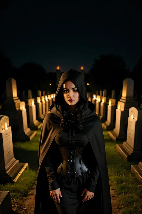 woman, black hair, dressed in a corset, with a black cape and hood, in a cemetery, surrounded by tombs and candles, at night, looking at the camera, photorealistic