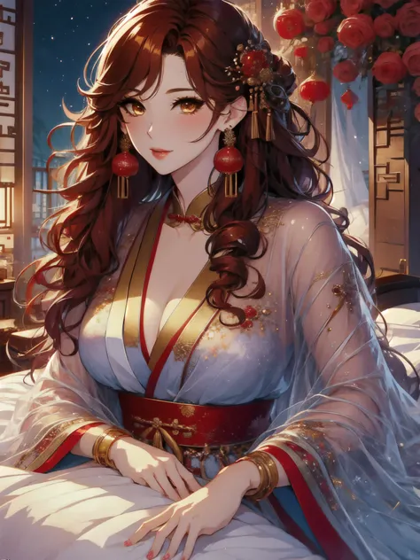 (masterpiece, best quality:1.2), 1women, xian mei, solo golden eyes, long red curly hair, jewellery, perfect anatomy, chinese traditional room, nudity, nude, sexy, hot, night, starry sky, night beautiful sky, shining stars,