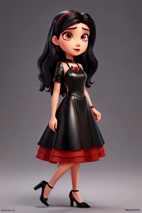  Pixar type poster of an album cover with a female character of a singer with long black hair  , Brown eyes , wine colored lips,clothing a gothic style black leather dress , red nails , black rhombus earrings and black patent leather heels with a red backg...