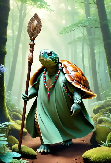 an anthropomorphic turtle with a large decorated shell, walking through a dense misty forest, the turtle is wearing a long flowing robe adorned with intricate patterns and holding a wooden staff, The shell is filled with various items including flowers and...