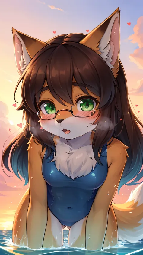 best quality,best resolution,(fluffy anthro furry :1.6),(young :1.8),fox girl,flat chest,dark brown hair,long hair,wavy hair,green eyes,glistering eyes,sparkle eyes,(dark blue one piece swimsuit),glasses,(orange and pink sky),evening,beautiful swimming poo...