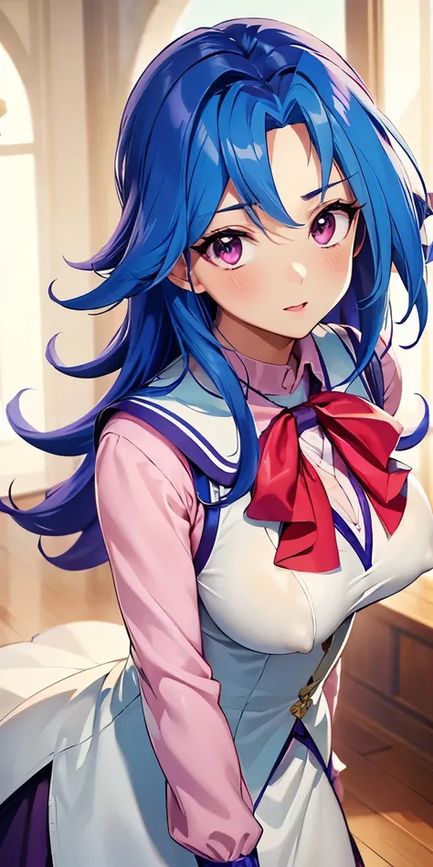 1 Female,High definition,high resolution,Ultra-realistic,8K, kr1, multicolored hair, dyed bangs, long sleeves, bow, pink dress, white vest, white skirt,European,sexy,Upper body close-up,Photographed from the front,Dynamic Angles,private teacher,blush, big ...