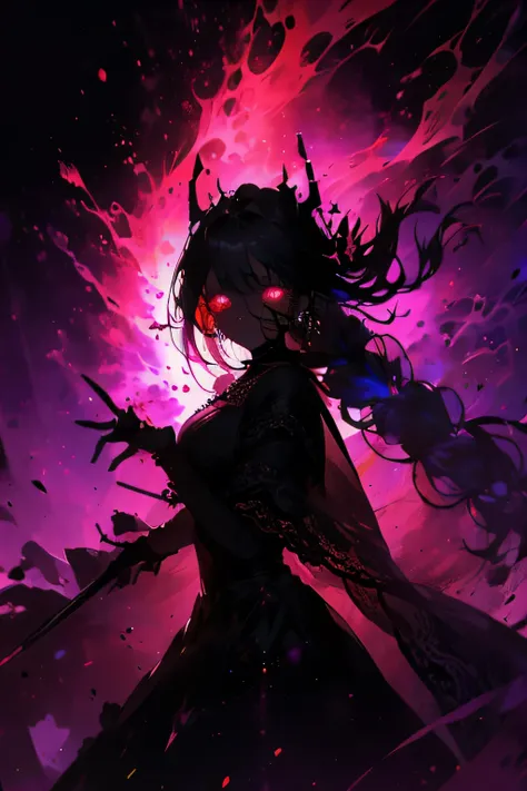 (The whole body is a shadow),(black skin)1girl,screaming expression,long hairstyles,red eyes,gothic lolita,wild hair,darkness falls,revenge,hell,hatred,((tears of blood:1.2)),Dark world,despair