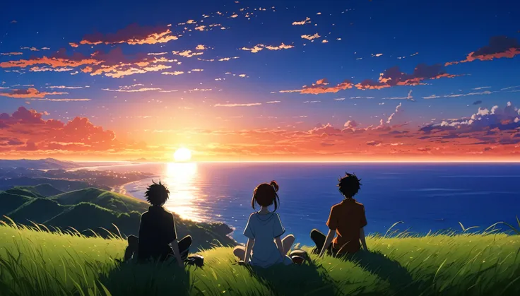 high quality, 8K Ultra HD. This image is、Depicts one anime boy and one anime girl sitting on a grassy hill watching the ocean at sunrise。, Against the backdrop of vibrant blue skies and the red and orange hues of the sun. anime art wallpaper 4k, anime art ...