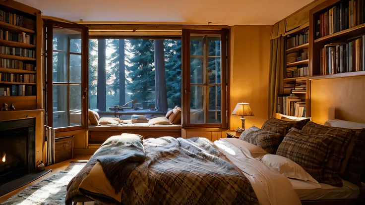 a cozy bedroom with a large bed, a fireplace, winter night outside the huge windows, many books