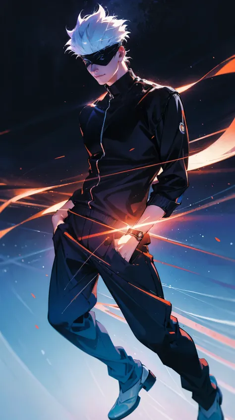 1boy, full body shot, perfect hand and fingers, satoru gojo, blindfold, black outfit, white hair, look at sky, smirk, red and blue moon city night background, wallpaper, cinematic,High resolution 8K, Bright light illumination, lens flare, sharpness, master...
