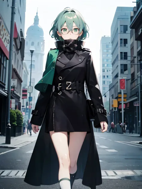 masterpiece, best quality, a high resolution, 1 girl, short green pastel hair, glasses, black armor, long scarf, black raincoat,...