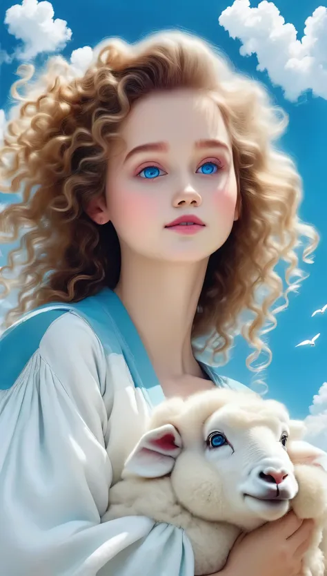 1 girl,bird,beautiful detailed blue eyes,cloud,curly hair,outdoor,furry trim,pom pom(clothes),sheep,sky,solo,upper body,wavy hair,(best quality,4k,8k,highres,masterpiece:1.2),ultra-detailed,(realistic,photorealistic,photo-realistic:1.37),beautiful portrait...